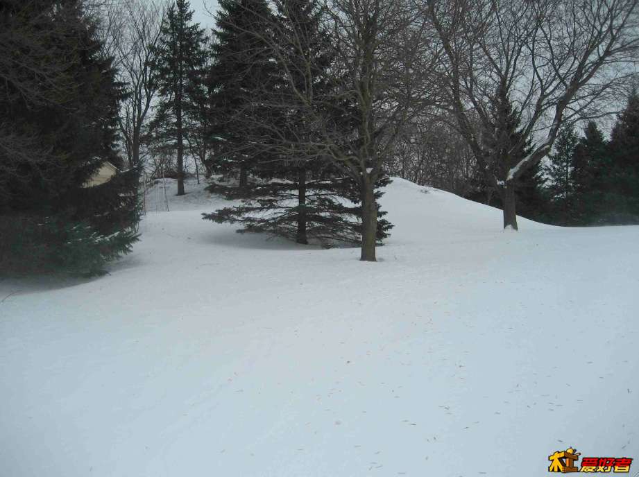后院全是雪，隐约看见一点工具房