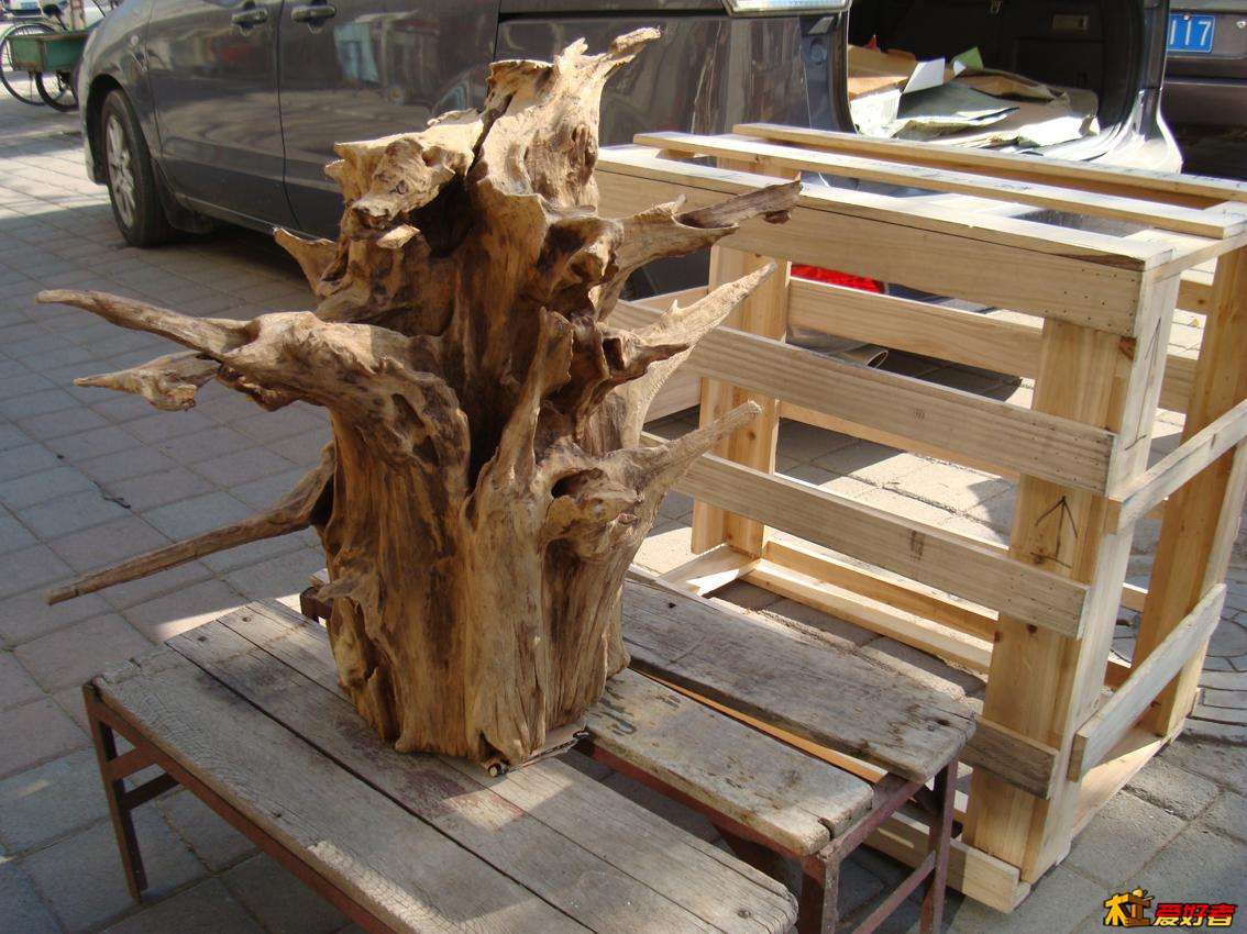 这是那木桩的本色，请看风化程度如何，并请出招怎样深化处理。还有就是店家的木架。