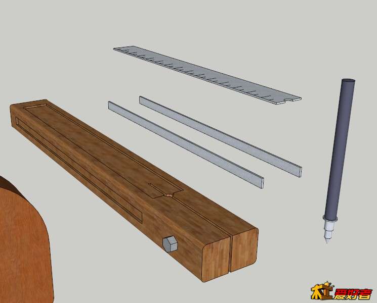 刻度尺以及钢条和圆珠笔芯，刻度尺镶嵌在木条上，钢条也嵌在木条两侧，作用是防止手柄上紧固螺栓旋紧时磨坏 ...