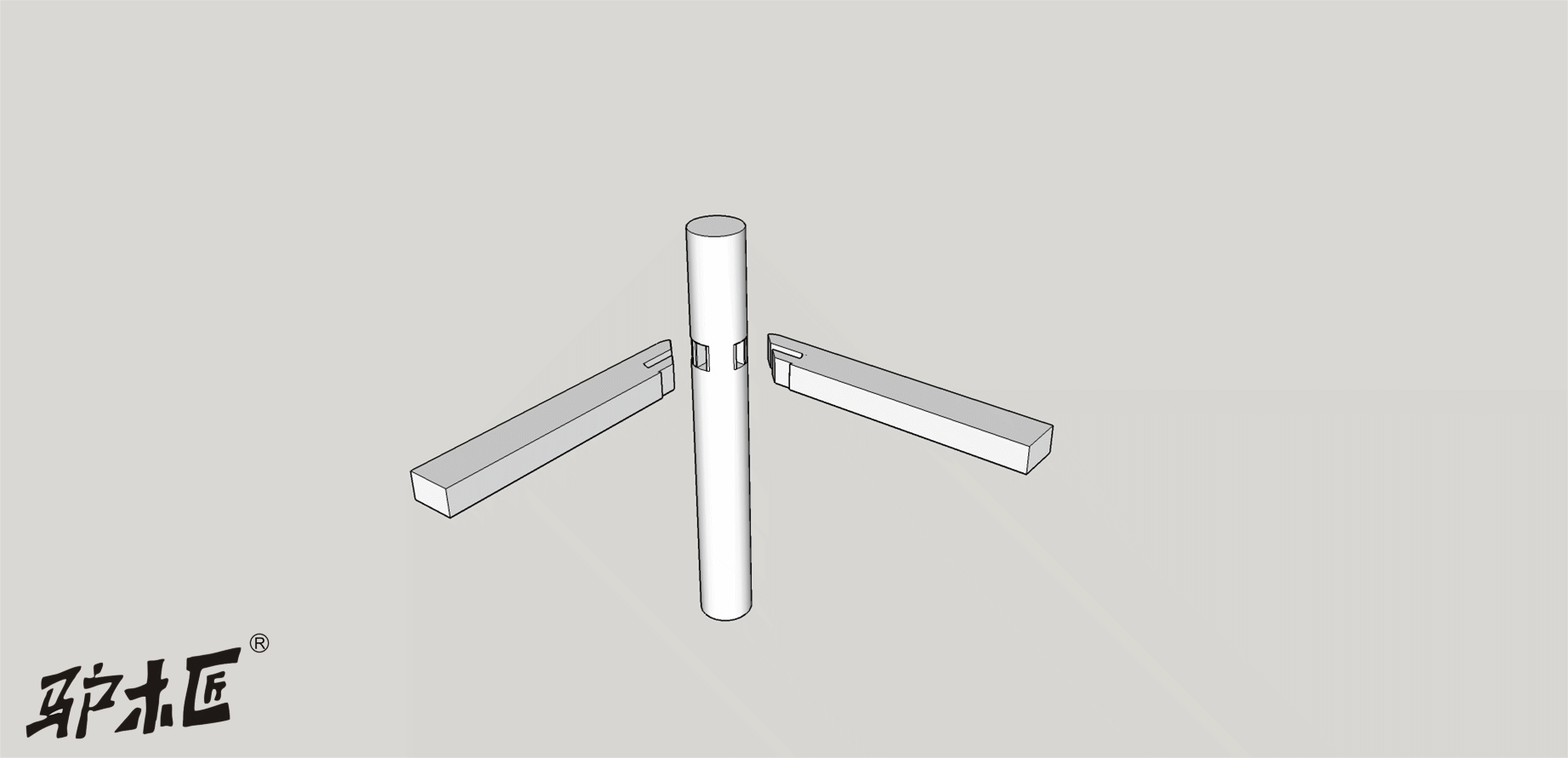 39圆材丁字形接合（裹腿做，两枨出榫一长一短）.gif
